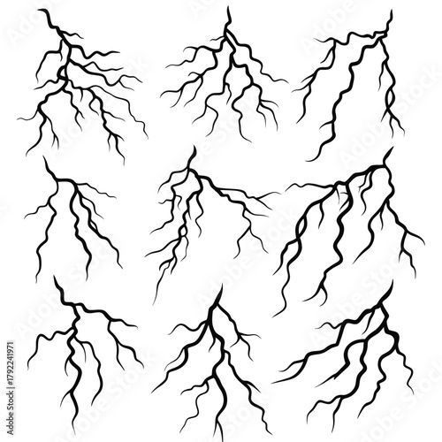 Set of black lightning bolt vector illustrations with branching jagged lines representing thunderstorm electric power isolated on white background in minimalist comic style