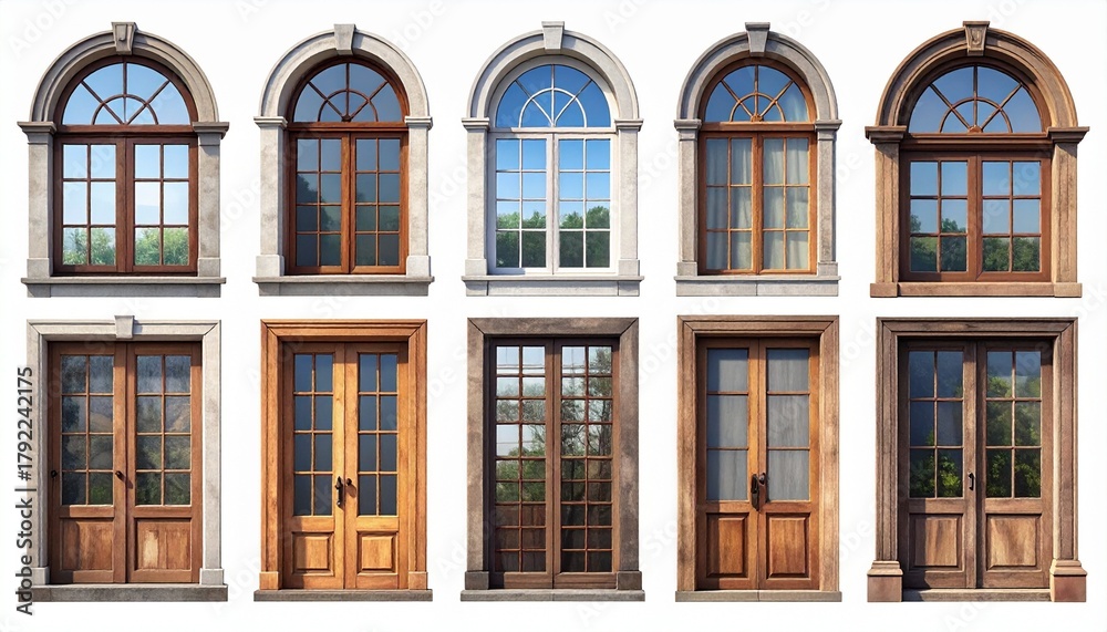 Obraz premium Windows and doora of different types isolated on white. 3d illustration