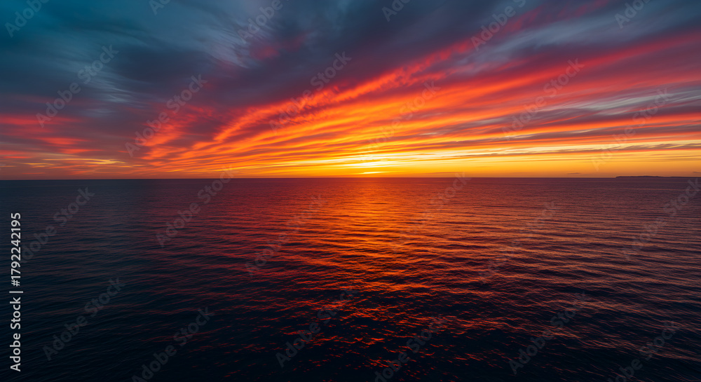 Fototapeta premium A vibrant sunset over a calm ocean with fiery colors reflected in the water
