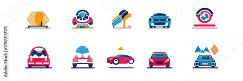 Set of 12 minimalist flat vector car wash logo designs with cars, cleaning tools, bubbles, water spray, and automotive elements for corporate identity and branding