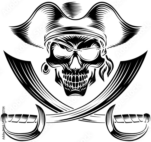 Pirate skull crossbones wearing a tricorn captain hat, eyepatch with crossing sabers or scimitar cutlass pirate swords. In a vintage retro woodcut style.
