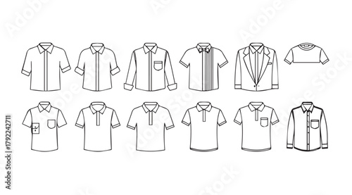 Collection of men s shirts and a jacket in a clean line drawing silhouette style