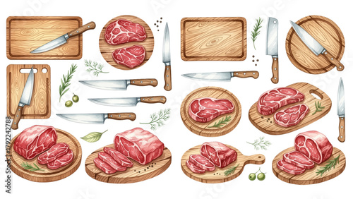 Watercolor illustration featuring various cuts of raw meat on wooden cutting boards with knives and dill sprigs.