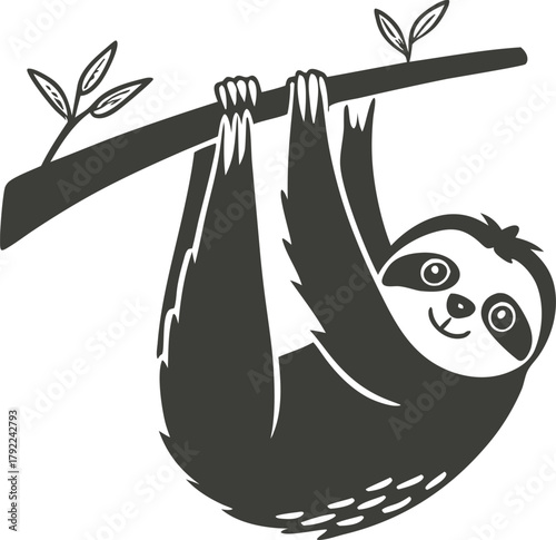 Cute sloth hanging from tree branch illustration