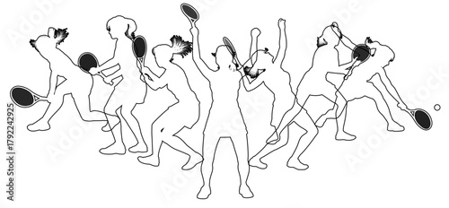 Silhouette Tennis players set. Active sports people healthy players fitness silhouettes concept.