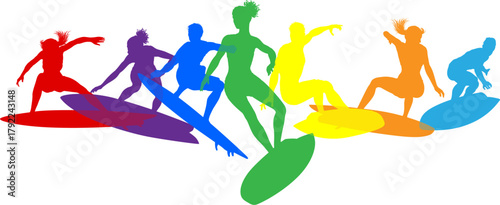 Surfer surfboard boarding male and female surfers surfing colorful silhouette outlines. Men and women surf group design concept.