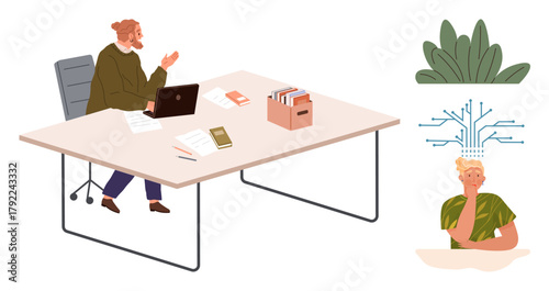 Professional working at desk using laptop and files, thinking deeply with digital connections visualization. Ideal for innovation, creativity, technology, productivity, remote work, data