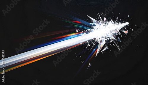 A beam of pure white light passes through an invisible, complex prism, refracting into a burst of sharp, crystalline shards of color frozen in mid-air. 