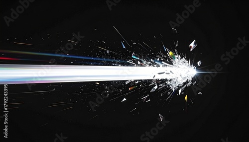 A beam of pure white light passes through an invisible, complex prism, refracting into a burst of sharp, crystalline shards of color frozen in mid-air. 