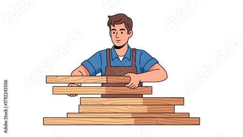 A cartoon man in a blue shirt and brown apron stacking wooden planks