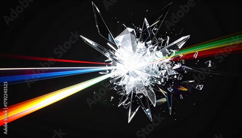 A beam of pure white light passes through an invisible, complex prism, refracting into a burst of sharp, crystalline shards of color frozen in mid-air. 