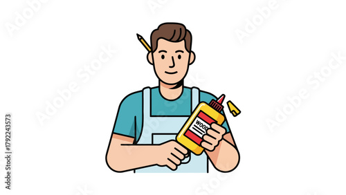 A cartoon person wearing an apron holds a bottle of wood glue