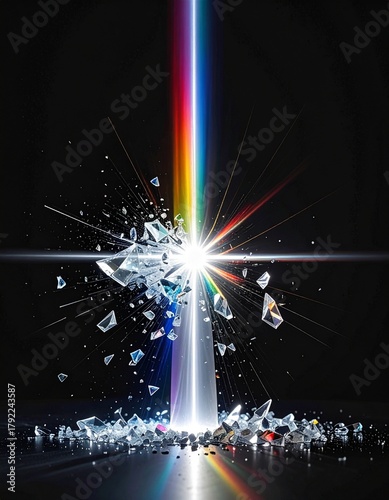 A beam of pure white light passes through an invisible, complex prism, refracting into a burst of sharp, crystalline shards of color frozen in mid-air. 