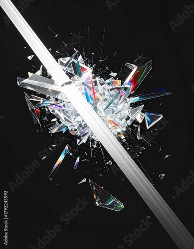 A beam of pure white light passes through an invisible, complex prism, refracting into a burst of sharp, crystalline shards of color frozen in mid-air. 