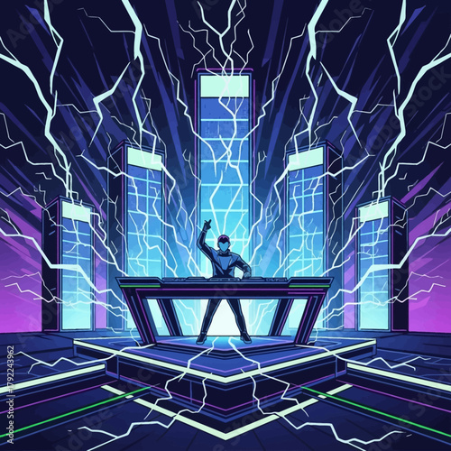 Energetic DJ performing electronic music on a futuristic stage with neon lights and electric lightning bolts.