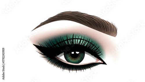 A closeup illustration of a womans eye with green eyeshadow and eyeliner
