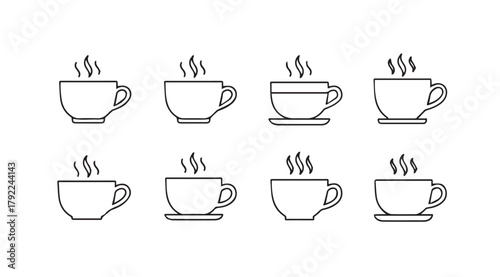Collection of eight steaming coffee cups in a simple outline silhouette style