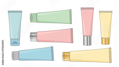 A collection of seven stylized cosmetic tubes in pastel colors