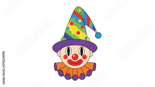 A colorful cartoon clown face with a striped hat
