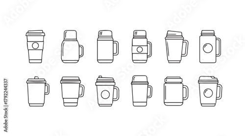 Collection of hand drawn thermos flasks and travel mugs silhouette