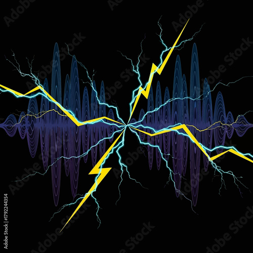 Abstract digital artwork depicting electrical energy, sound waves, and lightning bolts against a dark background.