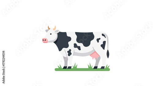 A cow with black and white patches stands on green grass