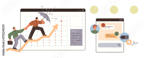 Professionals collaborating on upward growth chart with umbrella protection, supported by inquiry and verification tech tools. Ideal for teamwork, growth, leadership, strategy, collaboration