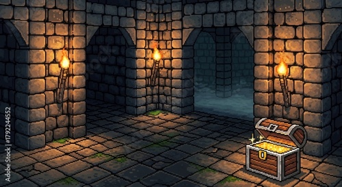 Pixelated treasure chest in a stone dungeon with torches