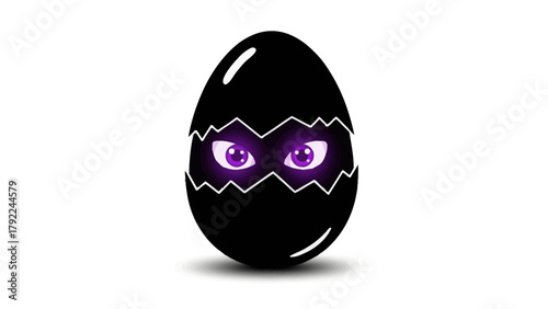 A cracked black egg with glowing purple eyes and a white highlight