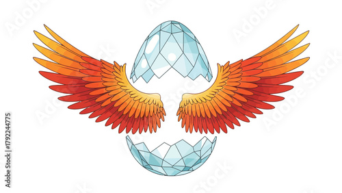 A cracked egg with fiery wings on a white background