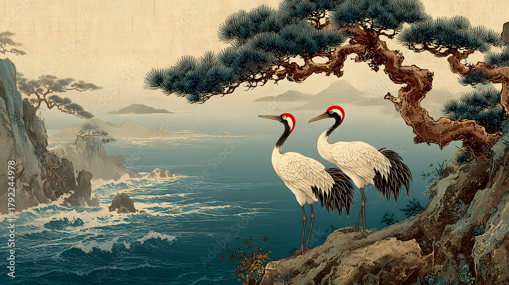 Naklejka premium Japanese cranes standing on rock formation overlooking sea