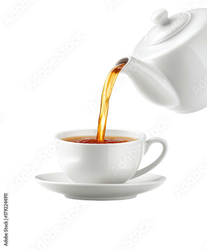 Hot amber tea being poured from a white teapot into a cup
