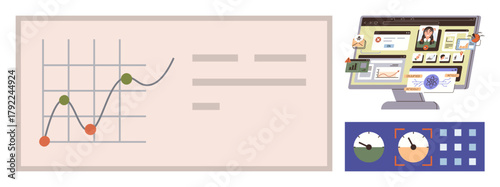 Chart with plotted points and lines, a workstation displaying analytics dashboard, and performance dials. Ideal for data visualization, analytics, productivity, finance, research, technology