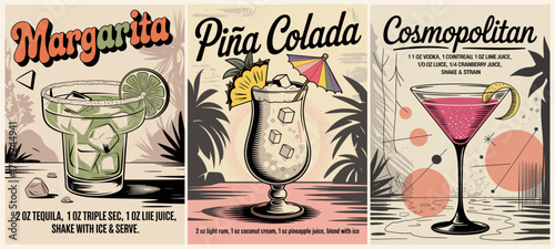 Vintage-style cocktail menu vector featuring Margarita, Piña Colada, and Cosmopolitan in a triptych layout with classic recipes, colorful backgrounds, and retro palm-frond accents