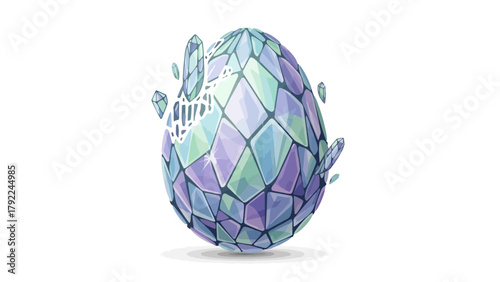 A crystalline egg made of faceted purple blue and green shards