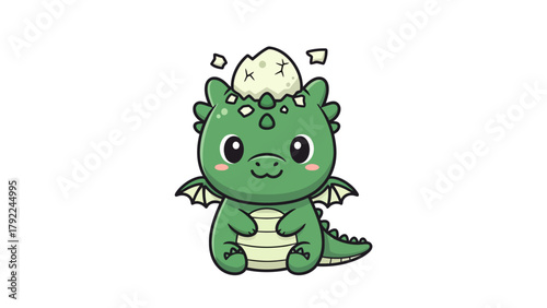 A cute cartoon green dragon with an eggshell on its head