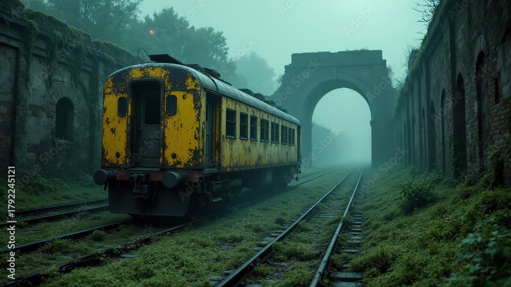 Obraz premium Abandoned Yellow Train in Foggy Environment Surrounded by Ruins