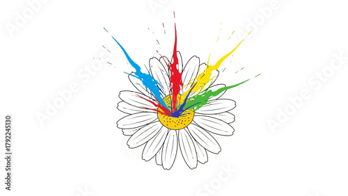 A daisy with colorful paint splatters erupting from its center