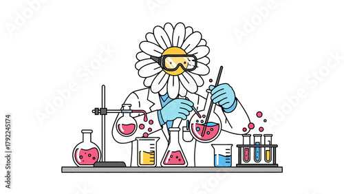 A daisy with goggles conducts a science experiment with beakers