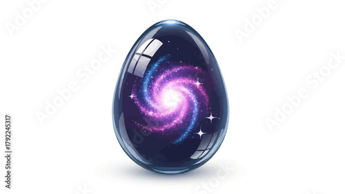 A dark glassy egg with a swirling galaxy inside