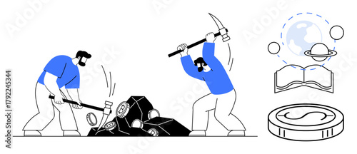 Two people breaking rocks containing coins with pickaxe and hammer, blockchain symbols, globe, crypto coin. Ideal for cryptocurrency, blockchain, mining, finance, investment innovation global