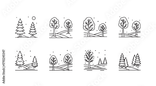 Collection of eight charming winter forest scenes in a distinctive silhouette style