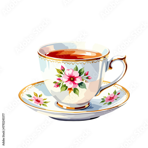 Floral tea cup and saucer with hot tea on white background  
