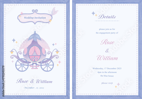 Wedding invitation purple fairytale kingdom watercolor illustrations