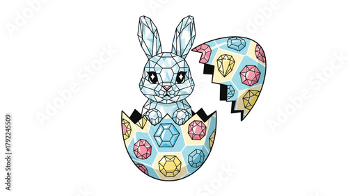 A diamondfaceted bunny emerging from a gemencrusted Easter egg