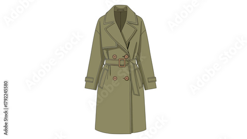 A doublebreasted trench coat in olive green with a belt