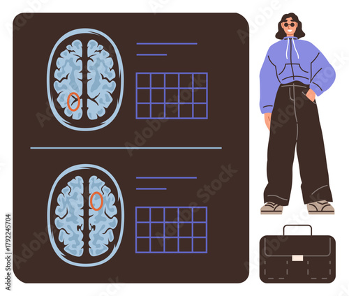 Brain imaging diagrams with highlighted areas, person in casual hoodie and trousers, briefcase. Ideal for neuroscience, diagnostics, mental health, individuality, lifestyle balance, professional