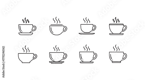 Collection of eight hand drawn coffee cups with steam in a simple silhouette style