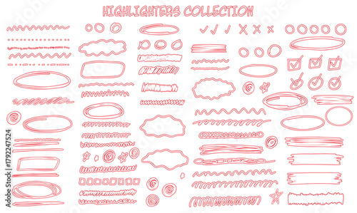 Set of red highlighters. Large collection of hand drawn outline