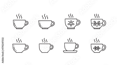 Collection of eight steaming coffee cups in a simple line art silhouette style